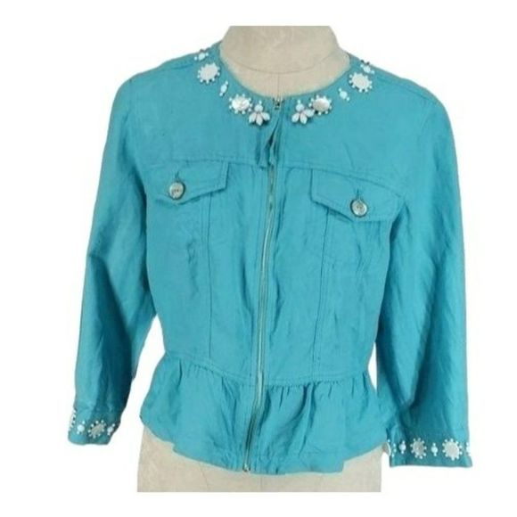 Ruby Rd Women's Blue Beaded Half Peplum Zip Up‎ Rayon Linen Jacket Size 8 - Picture 1 of 7